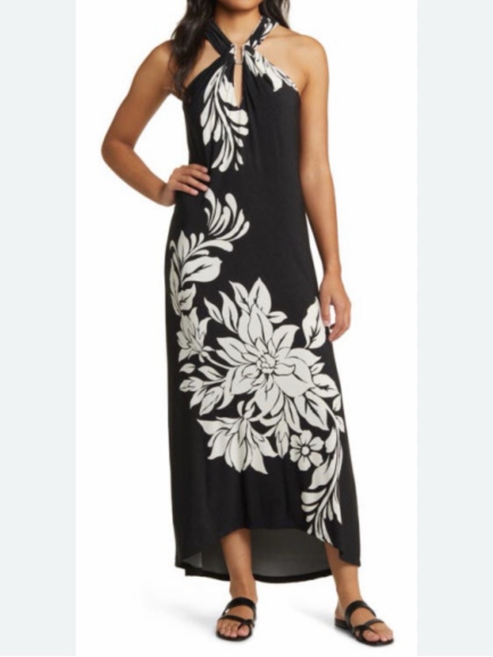 Tommy Bahama Midnight Sea Halter Maxi Dress Size Large Black White Floral